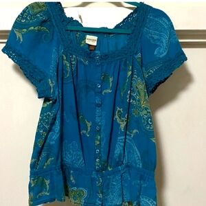 Sonoma Teal Paisley Blouse with Lace Trim